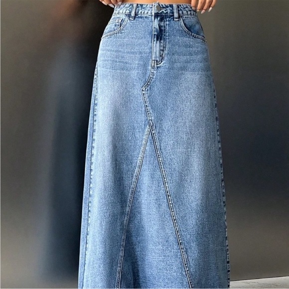 Boho blue denim high waisted maxi skirt - Picture 6 of 7